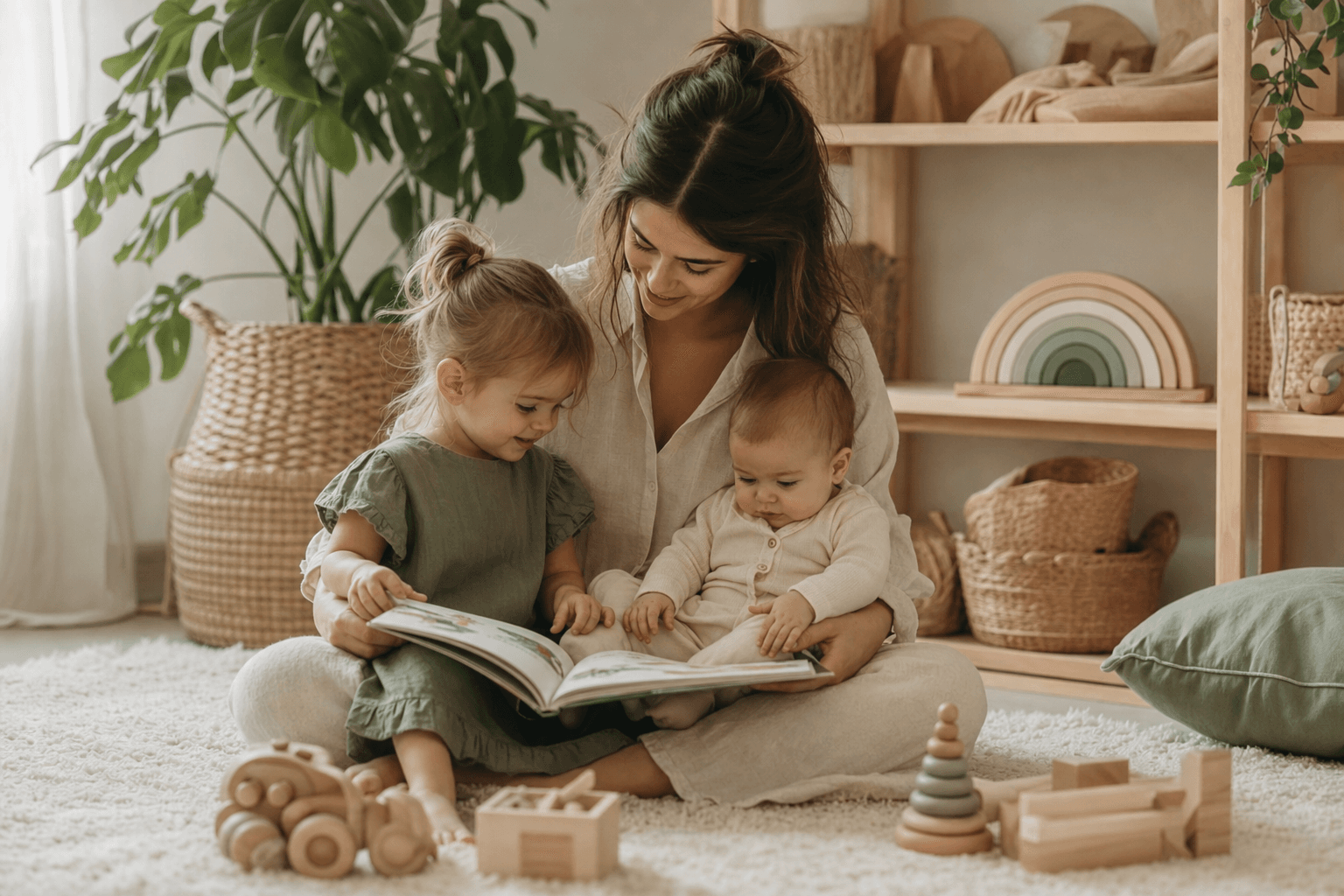 A parent reading with two young children in a calm, neutral nursery
